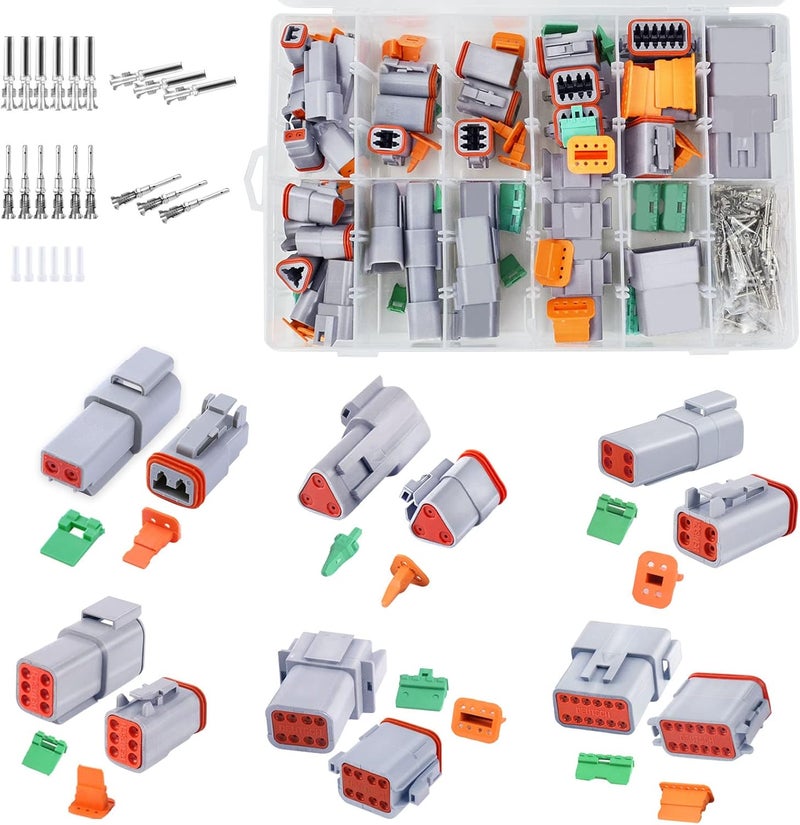 Cedolio 194 PCS Deutsch Connector Kit 2 Pairs,2 3 4 6 8 12 Pin Grey Waterproof Electrical Connector with Stamped Contacts and Seal Plugs for Truck, Off-Road Vehicles, Agriculture, Motorcycle Wiring. - Image 1